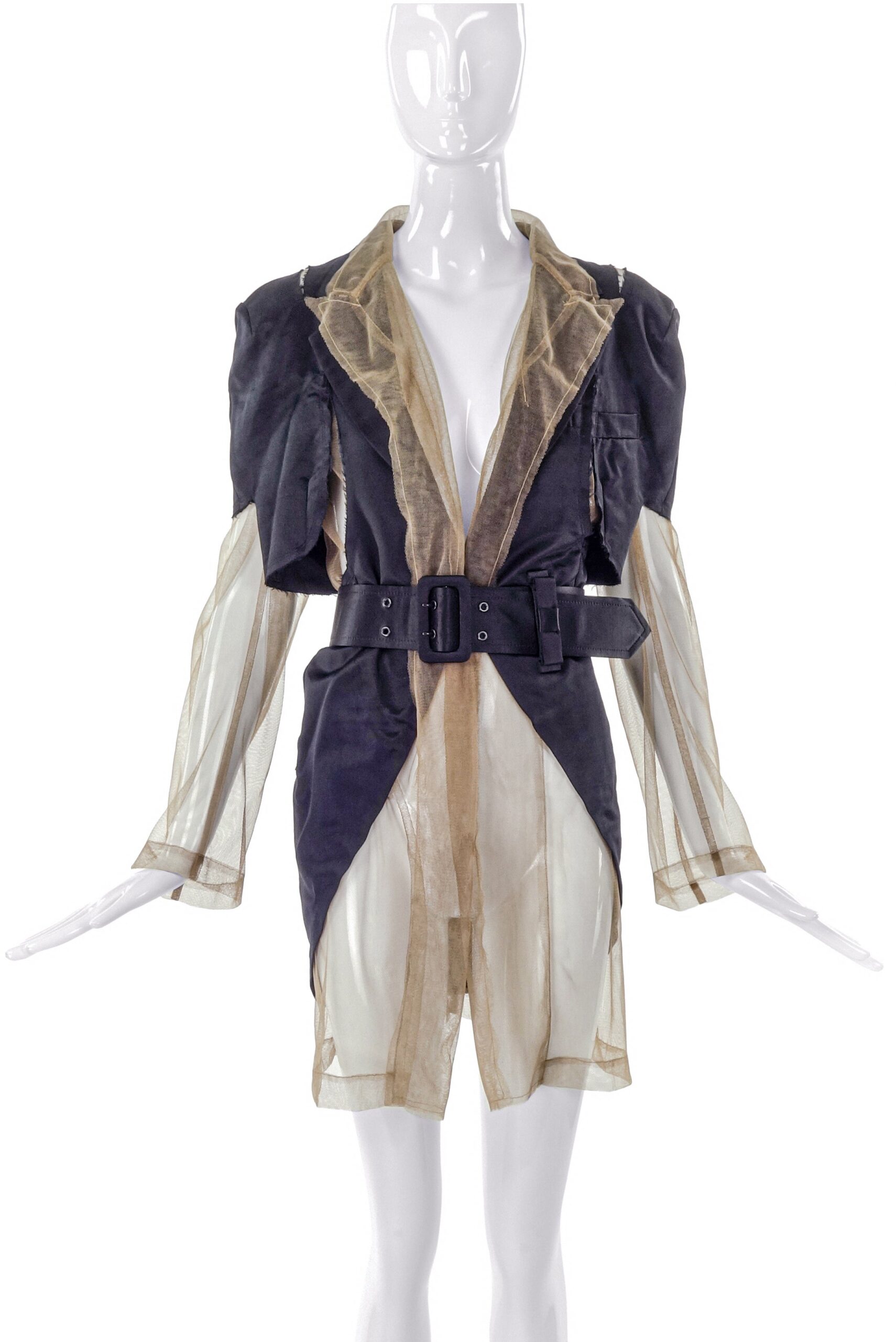 Comme des Garçons Black Satin Decortique Blazer with Tan Tulle Under-Jacket SS2007 – BOUTIQUE PURCHASE PRICE Comme des Garçons Black Satin Decortique Blazer with Tan Tulle Under-Jacket SS2007 – BOUTIQUE PURCHASE PRICE