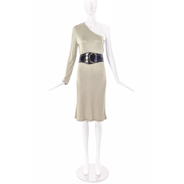 Gucci by Tom Ford Beige Silk Jersey One Shoulder “Naked” Dress with Gucci Corset Belt