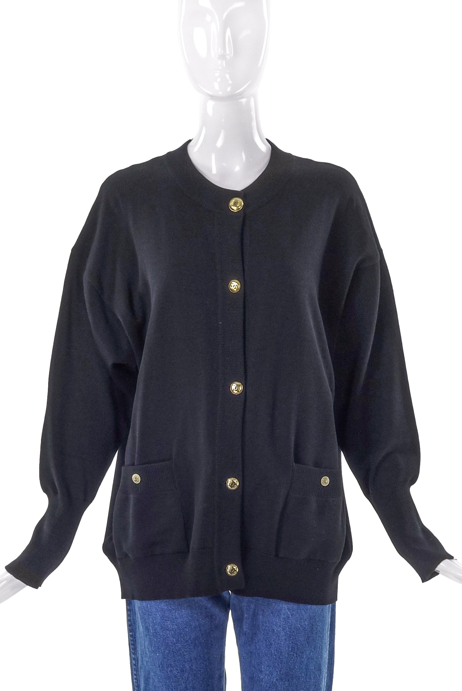 Chanel Black Wool Classic Cardigan with Gold Interlocked CC Buttons Chanel Black Wool Classic Cardigan with Gold Interlocked CC Buttons