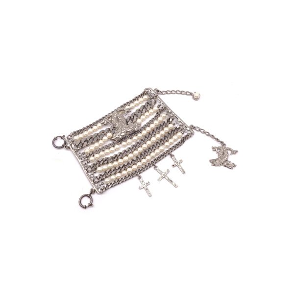 Fausto Puglisi Pearl and Metal Chain Huge Cuff Bracelet with Crosses