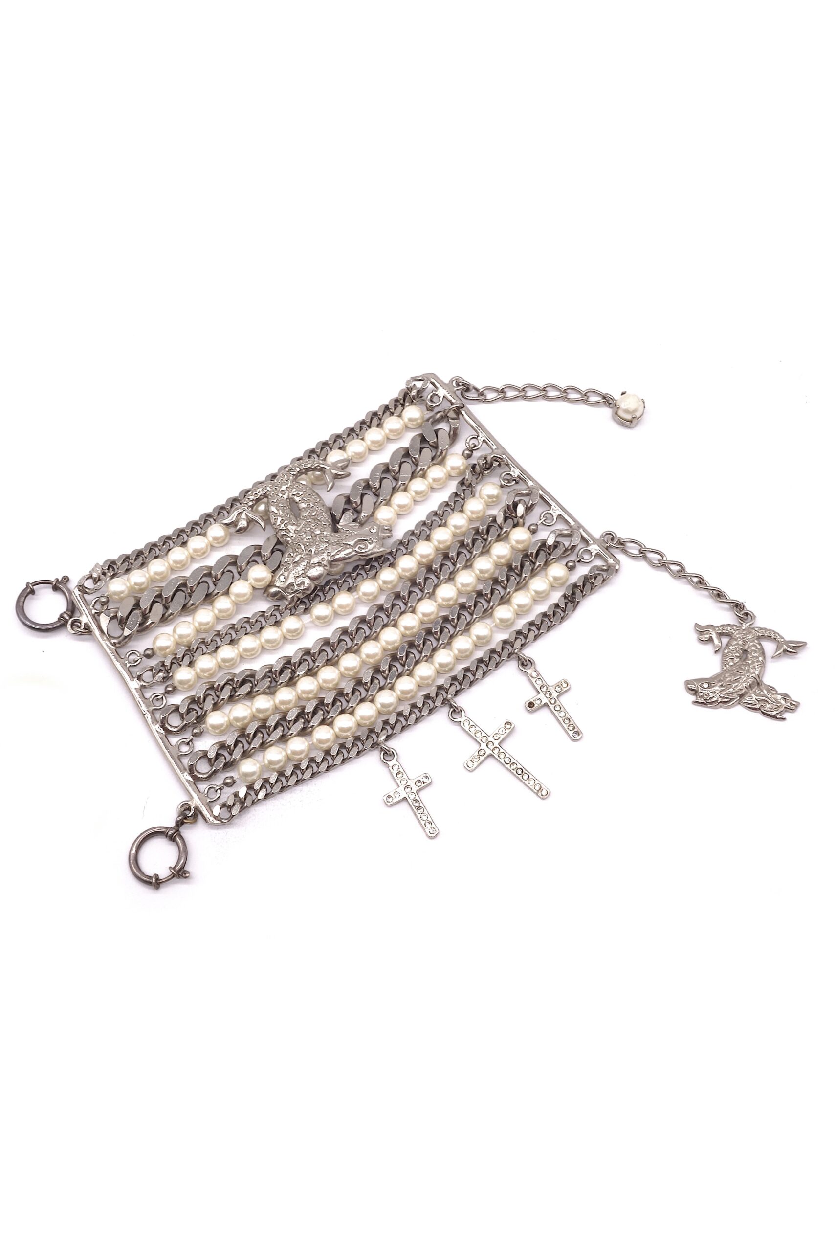 Fausto Puglisi Pearl and Metal Chain Huge Cuff Bracelet with Crosses Fausto Puglisi Pearl and Metal Chain Huge Cuff Bracelet with Crosses
