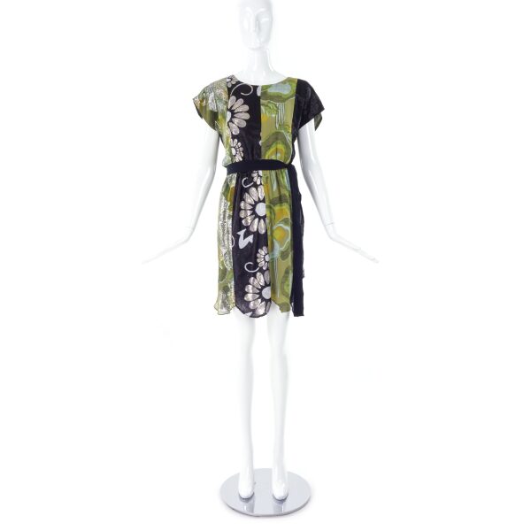 Anna Sui Green Lame and Black Sequin Floral Day Dress