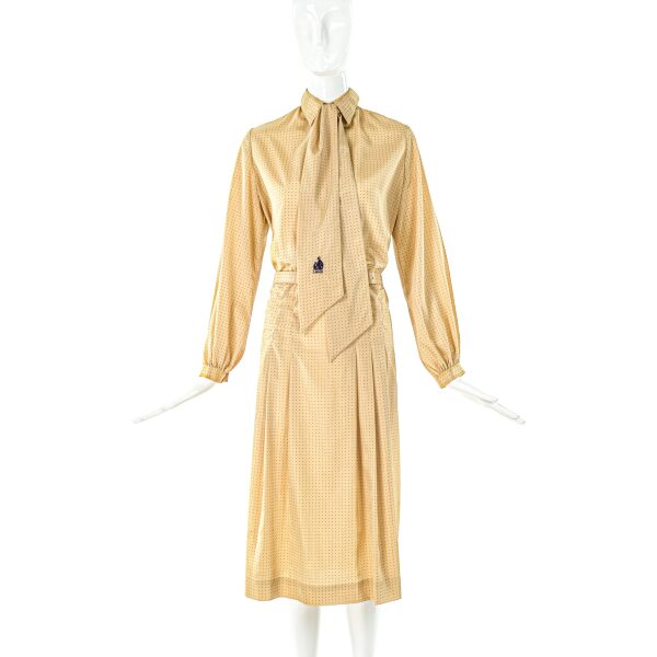 Lanvin Ivory with Black Polka Dot Silk Dress with Embroidered Logo Neck Scarf