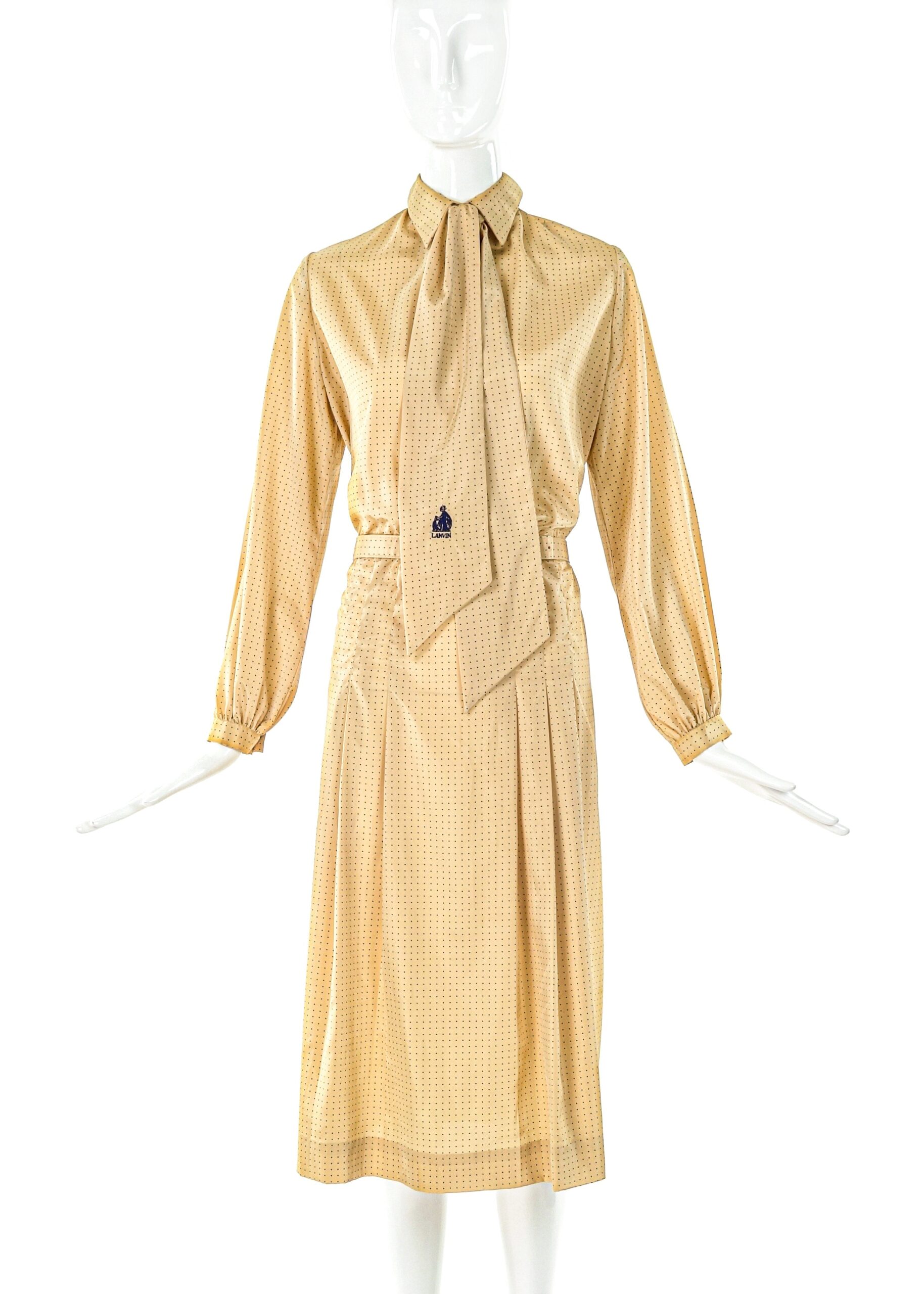 Lanvin Ivory with Black Polka Dot Silk Dress with Embroidered Logo Neck Scarf Lanvin Ivory with Black Polka Dot Silk Dress with Embroidered Logo Neck Scarf