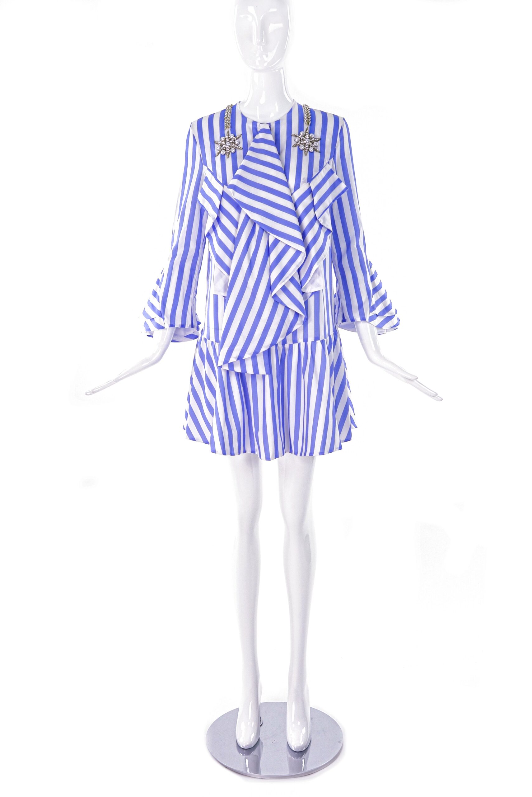 Francesco Scognamiglio Blue and White Cotton Day Dress with Crystal and Pearl Star Details Francesco Scognamiglio Blue and White Cotton Day Dress with Crystal and Pearl Star Details