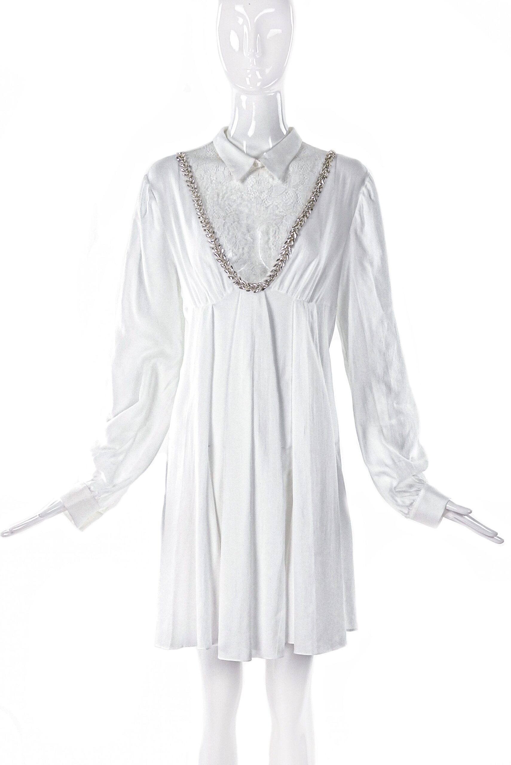 Francesco Scognamiglio White Shirtdress with a Lace Bust and Crystal Details SS2017 Francesco Scognamiglio White Shirtdress with a Lace Bust and Crystal Details SS2017
