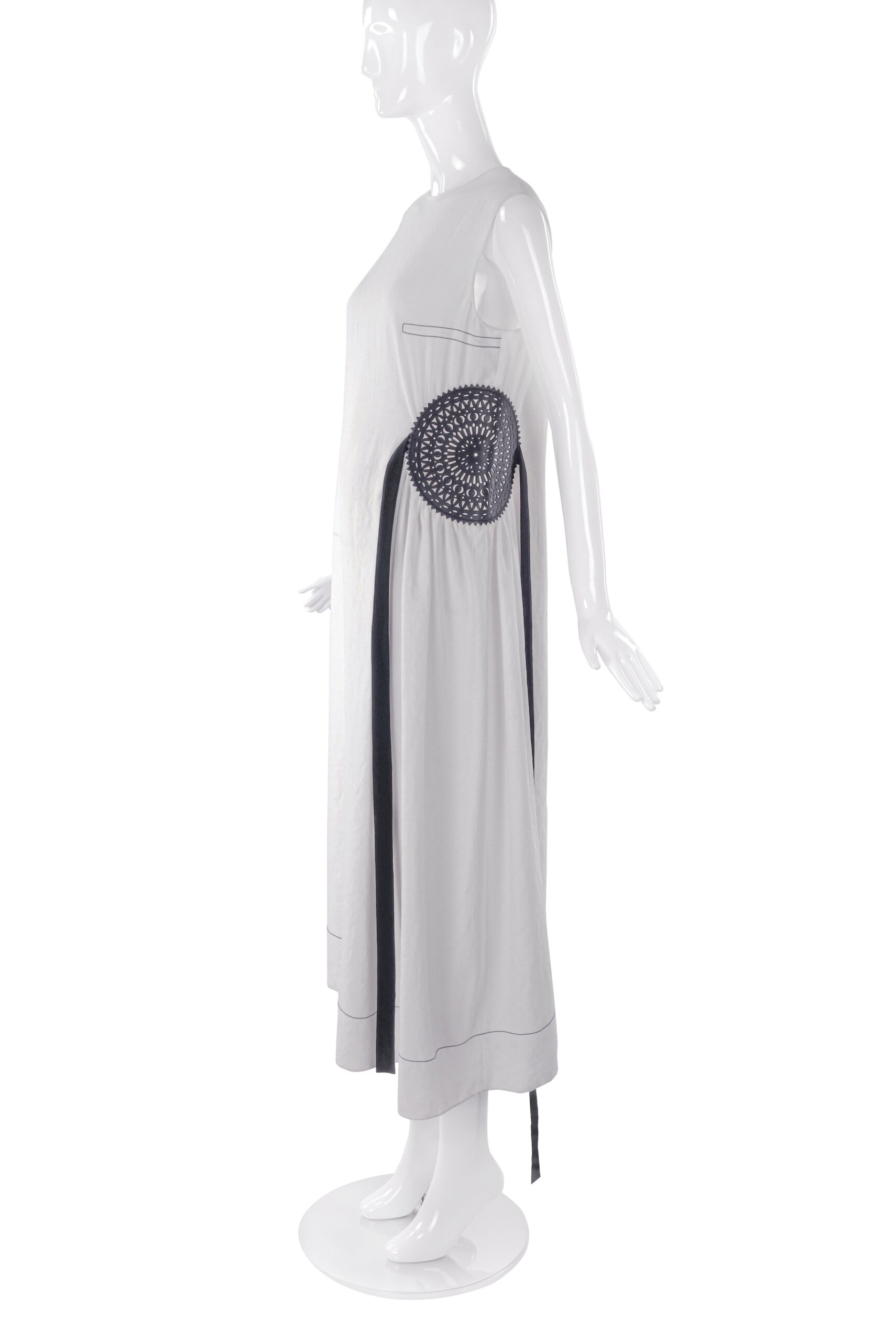Loewe White Creme Linen Dress with Circular Leather Stencil Detail and Hanging Ribbon Loewe White Creme Linen Dress with Circular Leather Stencil Detail and Hanging Ribbon