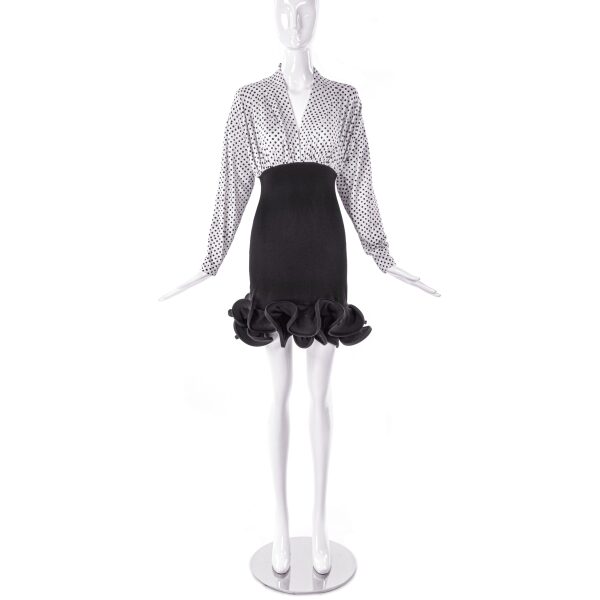 Vintage Black and White Polka Dot Swirl Hem Party Dress