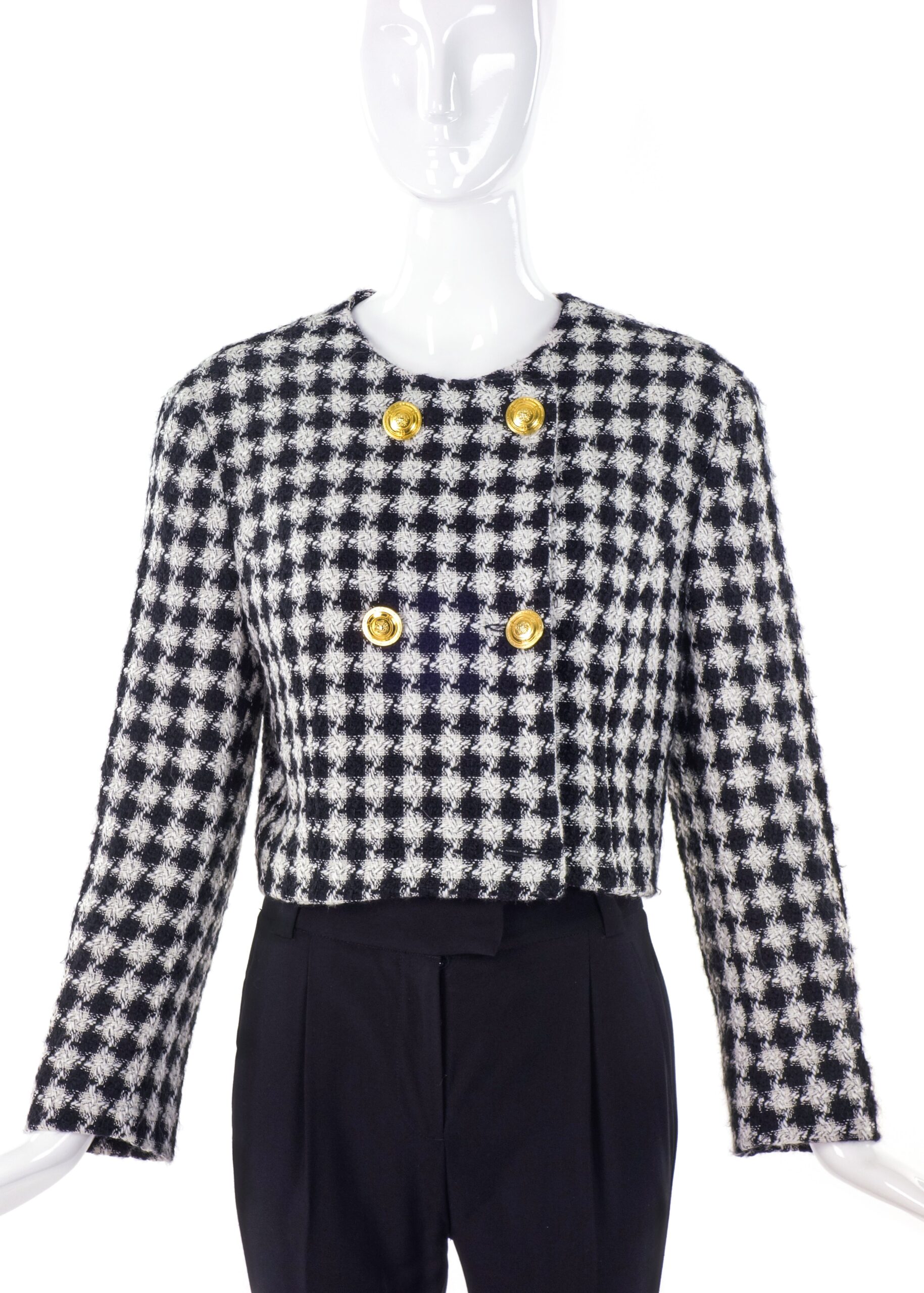 Versace Jeans Couture Bouclé Houndstooth Jacket with Gold Medusa Buttons Versace Jeans Couture Bouclé Houndstooth Jacket with Gold Medusa Buttons