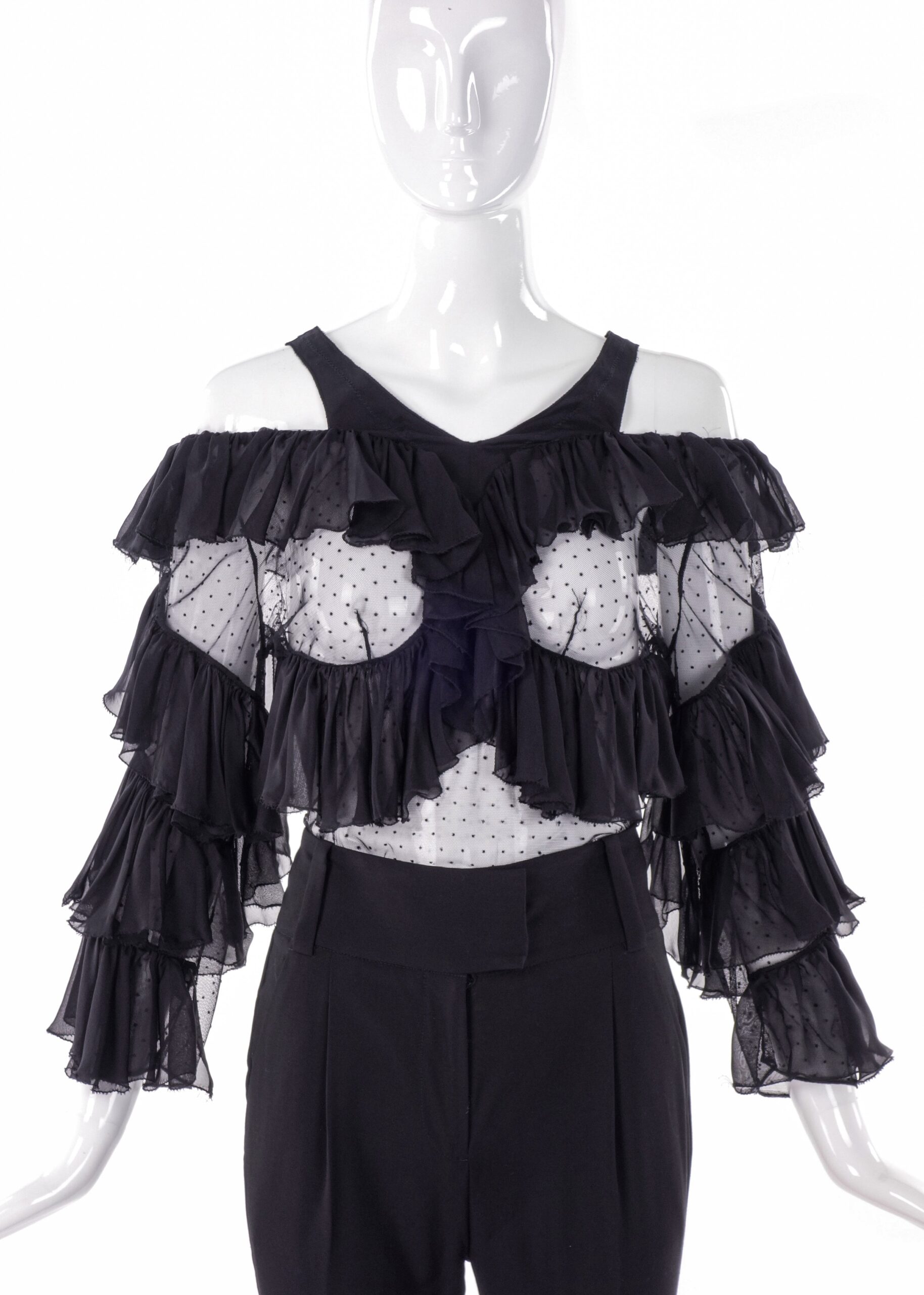 Francesco Scognamiglio Black Chiffon Ruffle Top with Swiss Dot Tulle SS2016 Francesco Scognamiglio Black Chiffon Ruffle Top with Swiss Dot Tulle SS2016