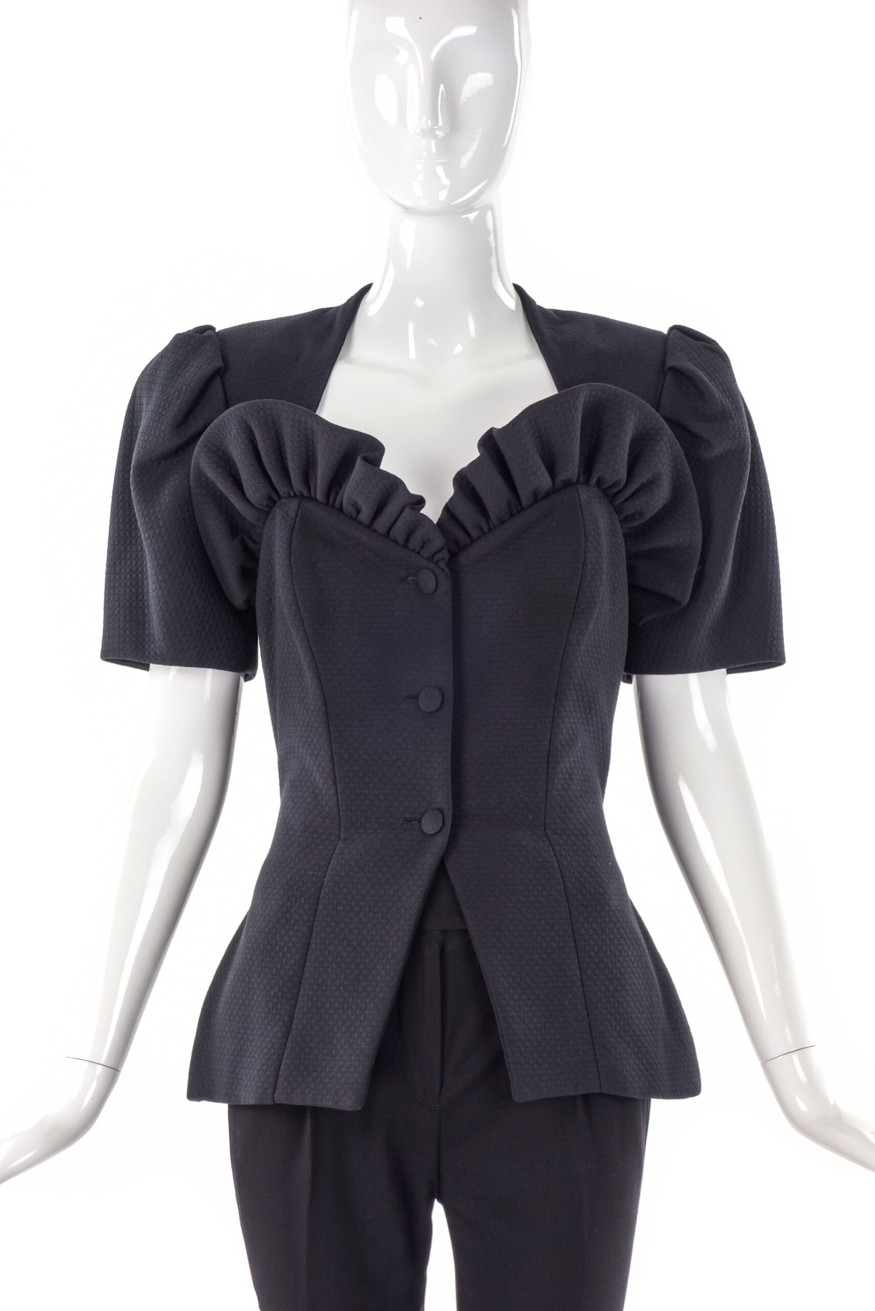 Vicky Tiel Couture Ruffled Heart Neckline Skirt Suit Vicky Tiel Couture Ruffled Heart Neckline Skirt Suit
