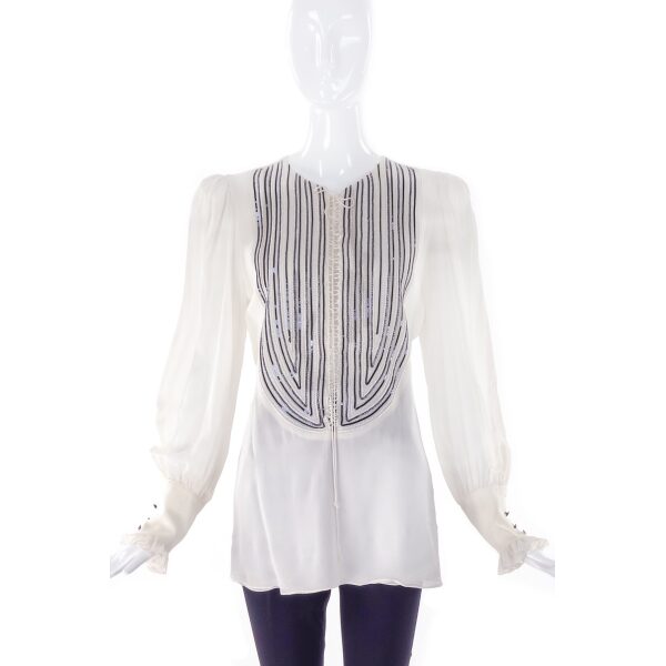 Redemption White Silk Tie Up Blouse with Blue Sequins & Beading and Puff Sleeves