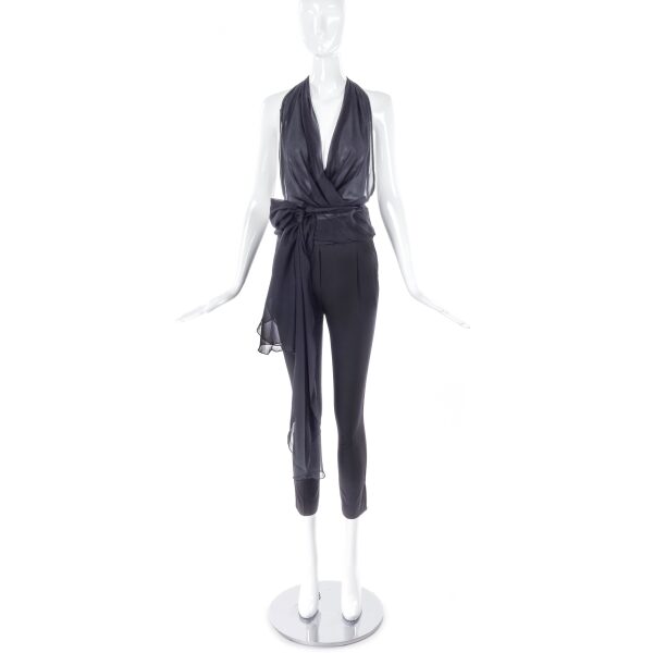 Vintage Black Chiffon Halter Top with Chiffon Waist Bow.