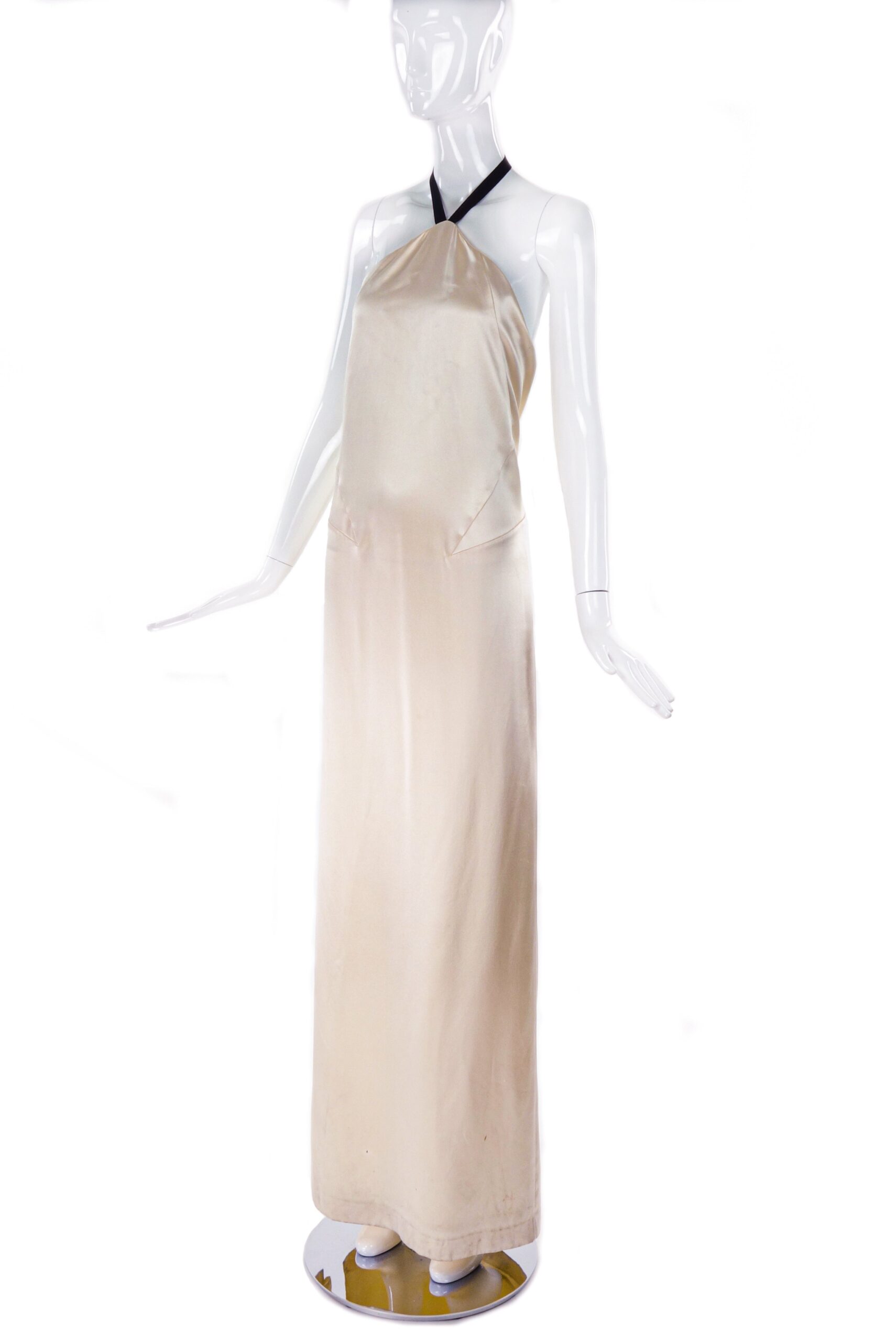 Margiela Ivory Satin Low Back Dress Gown with Halter Ribbon Tie Margiela Ivory Satin Low Back Dress Gown with Halter Ribbon Tie