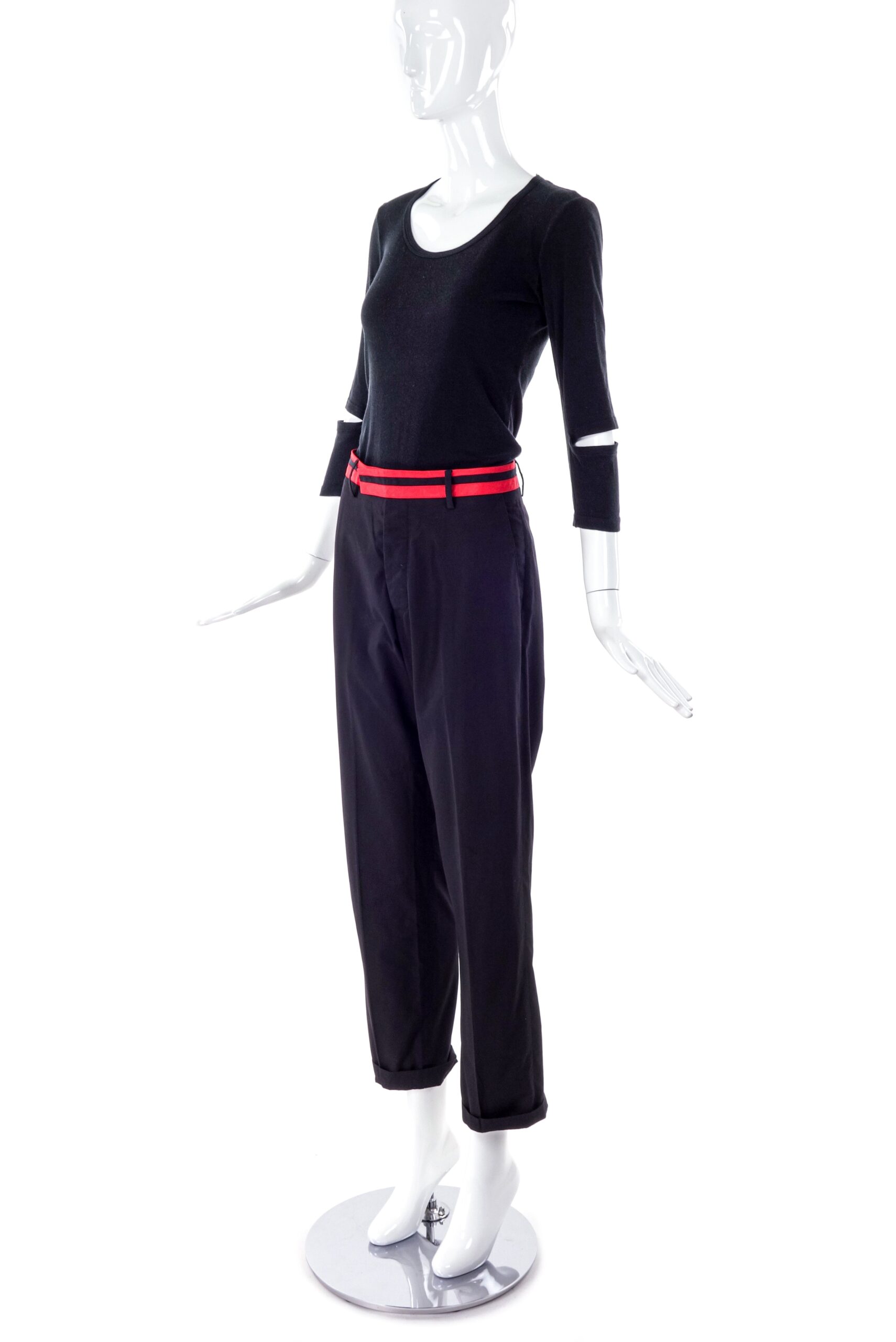 Helmut Lang Red Stripe Pant and Black Cut-Out T-Shirt SS1997 Helmut Lang Red Stripe Pant and Black Cut-Out T-Shirt SS1997