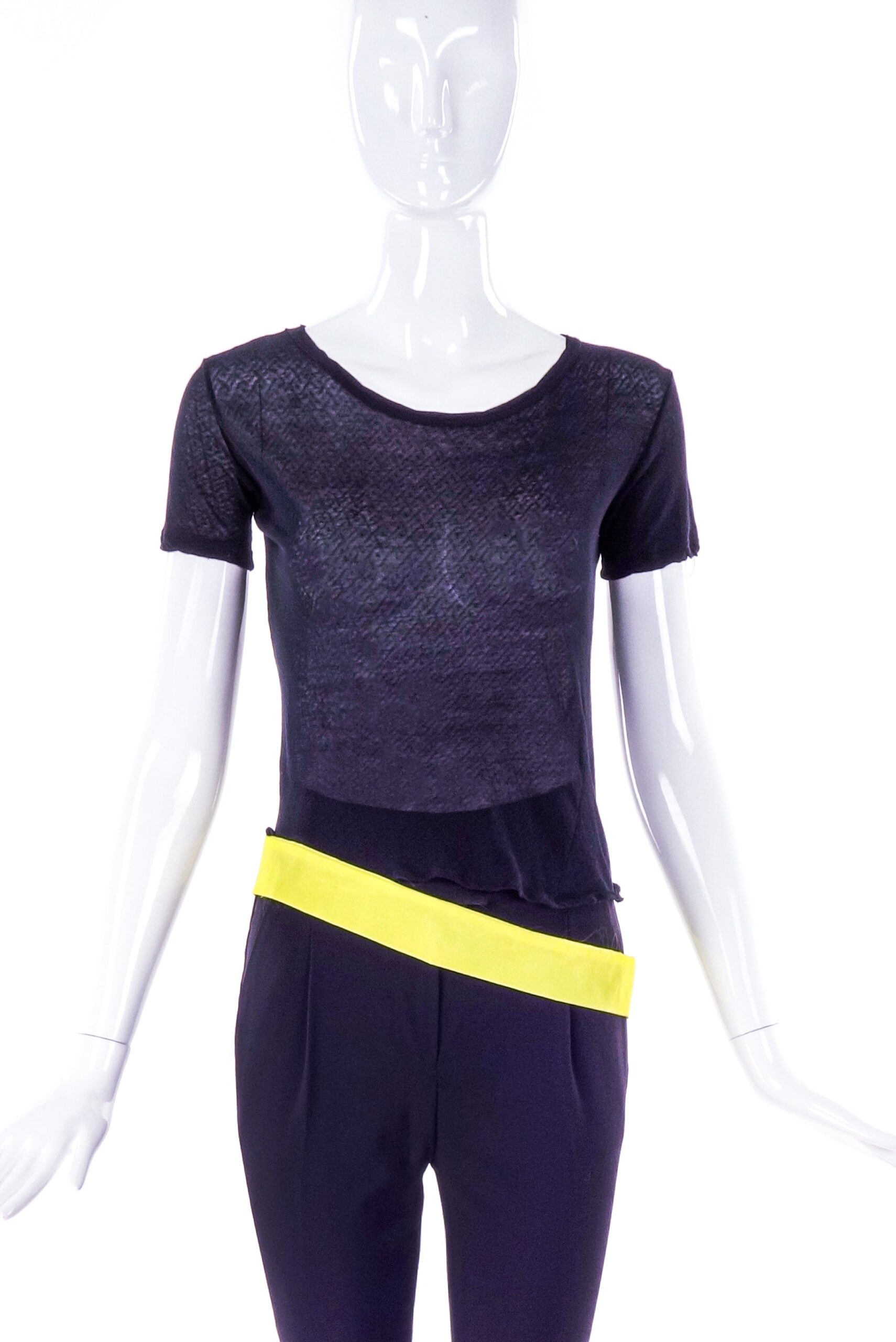 Helmut Lang Black Sheer T-Shirt with Neon Yellow Nylon Waistband SS1997 Helmut Lang Black Sheer T-Shirt with Neon Yellow Nylon Waistband SS1997
