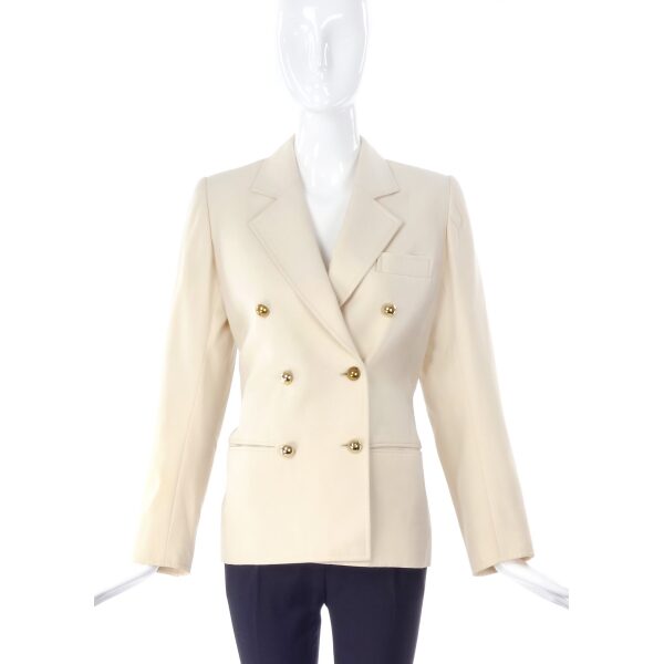 Saint Laurent Creme Pea Coat Blazer with Sphere Gold Buttons