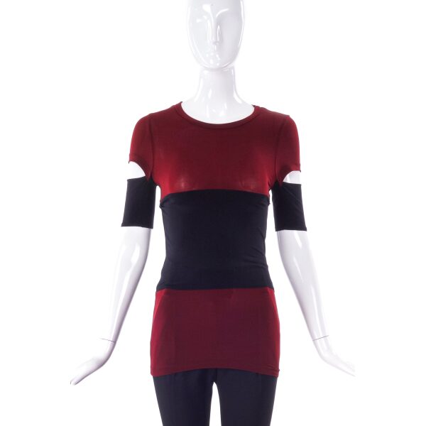 Helmut Lang Maroon Black Stripe Stretch T-Shirt Top