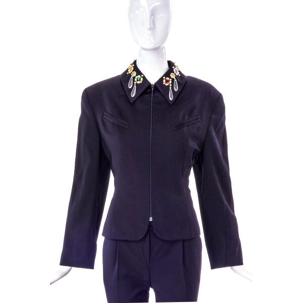 Byblos Black Wool Zip-Up Jacket with Costume Jewel Details on Collar