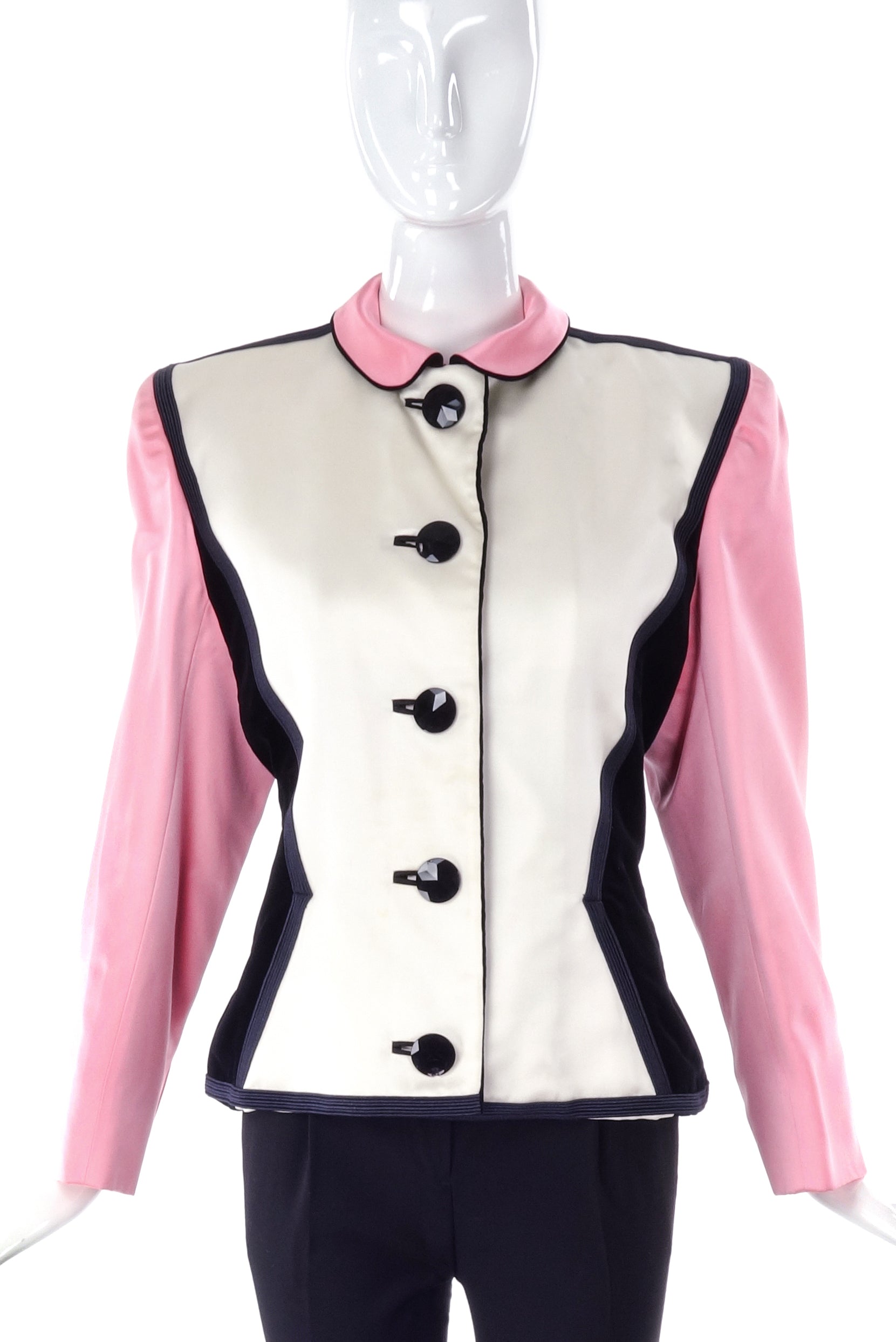 Saint Laurent Rive Gauche Pink, Black and White Satin Colorblock Jacket 1988 Saint Laurent Rive Gauche Pink, Black and White Satin Colorblock Jacket 1988