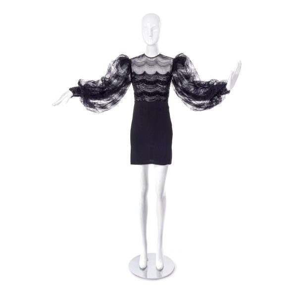 Galanos Black Evening Mini Dress with Lace Sleeves and Bead Details