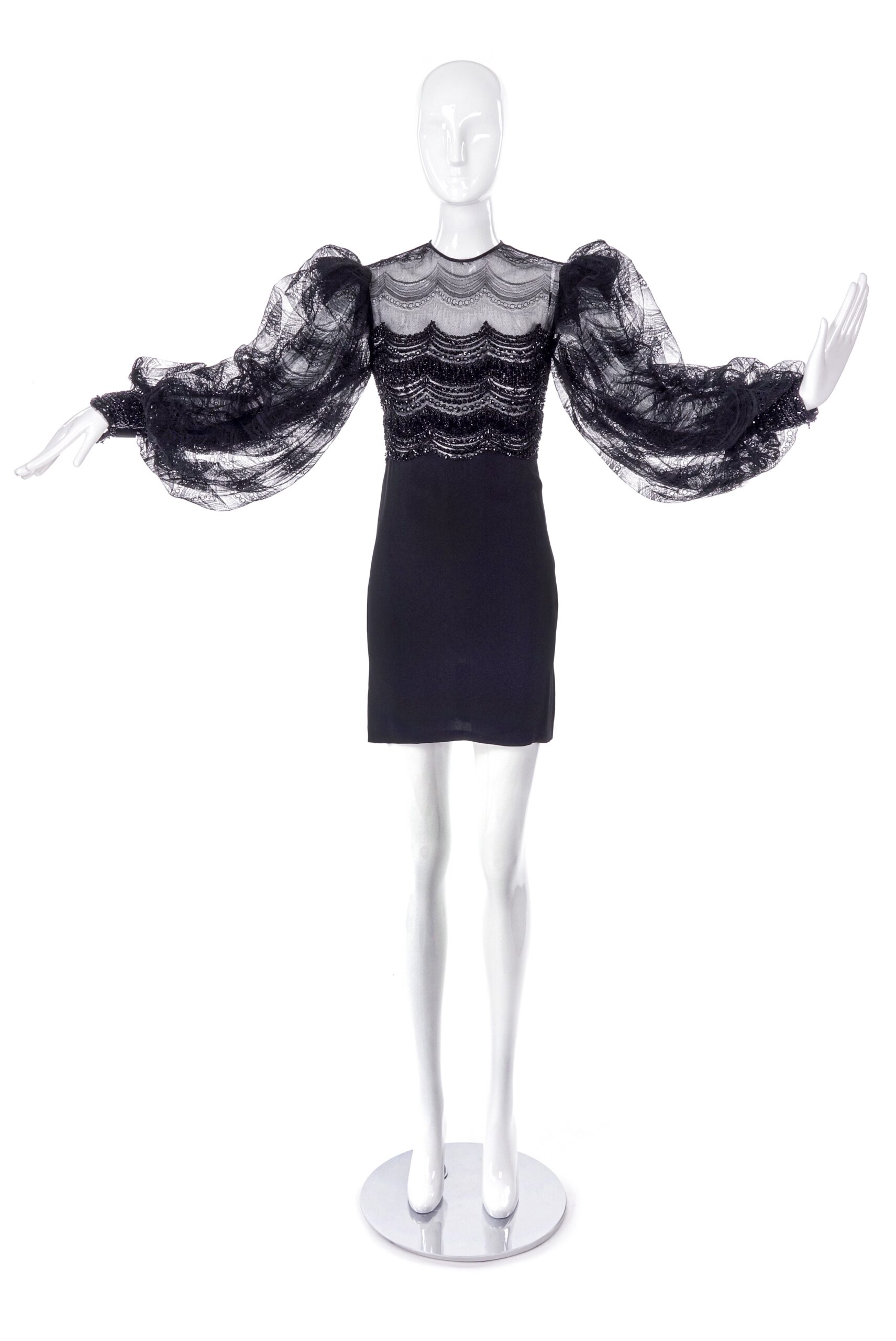 Galanos Black Evening Mini Dress with Lace Sleeves and Bead Details Galanos Black Evening Mini Dress with Lace Sleeves and Bead Details