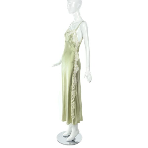 Vintage Green Silk Slip Dress with Creme Lace Inlays