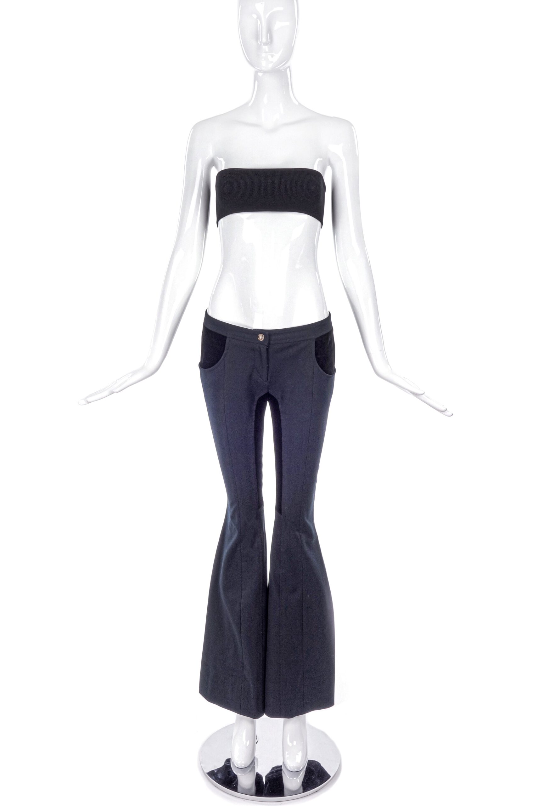 Versace Flared Black Low Rise Pants with Corduroy Inlays and Medusa Button Versace Flared Black Low Rise Pants with Corduroy Inlays and Medusa Button