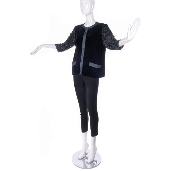 Jean Louis Scherrer Black Velvet and Satin Jacket with Black Beaded Lace Sleeves
