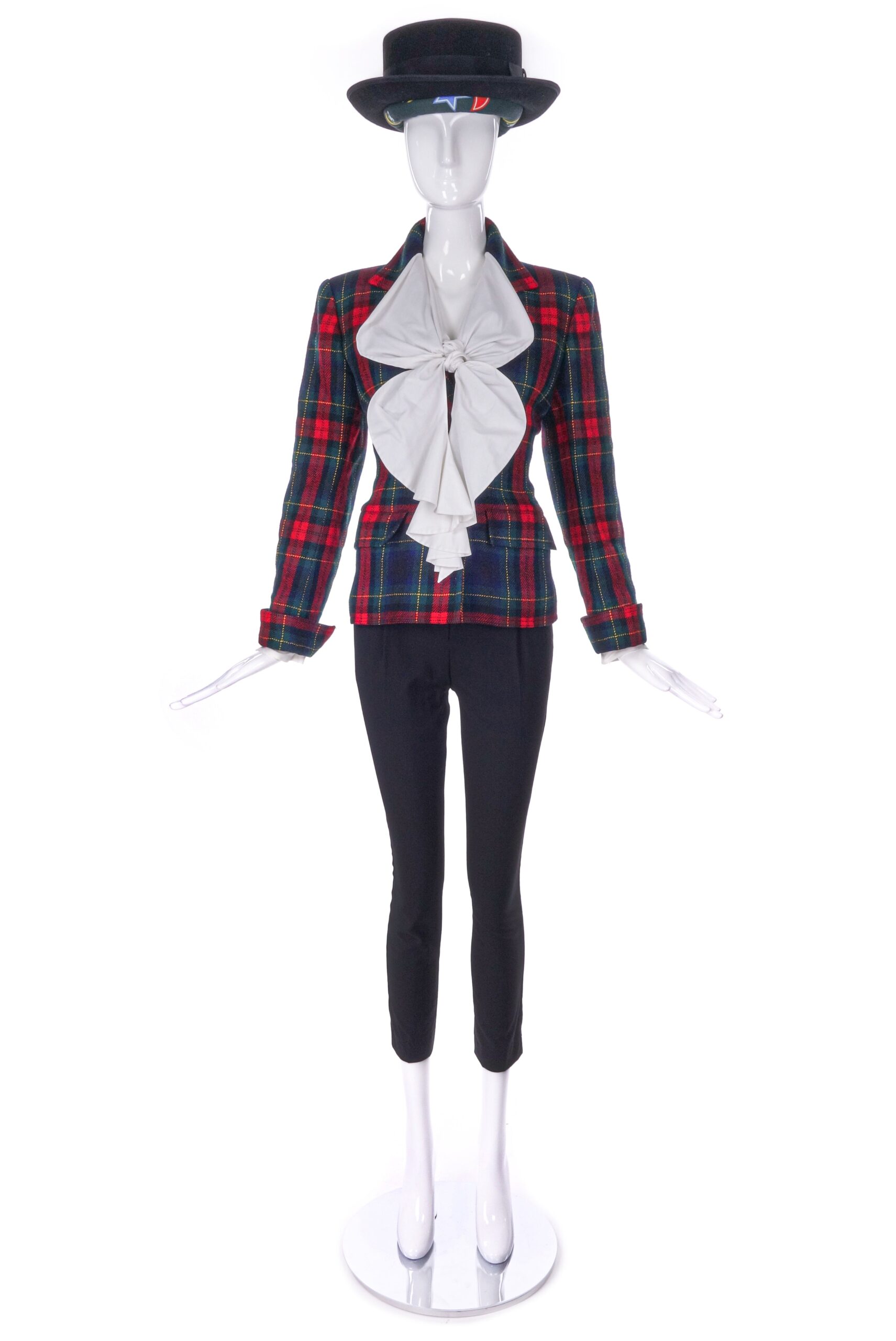 Vivienne Westwood White Ruffle Bow Front “Pirate” Blouse with a Saint Laurent Rive Gauche Tartan Fitted Jacket Vivienne Westwood White Ruffle Bow Front “Pirate” Blouse with a Saint Laurent Rive Gauche Tartan Fitted Jacket