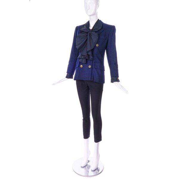 Saint Laurent Rive Gauche Navy Peacoat with Vivienne Westwood Black Ruffle Bow “Pirate” Blouse