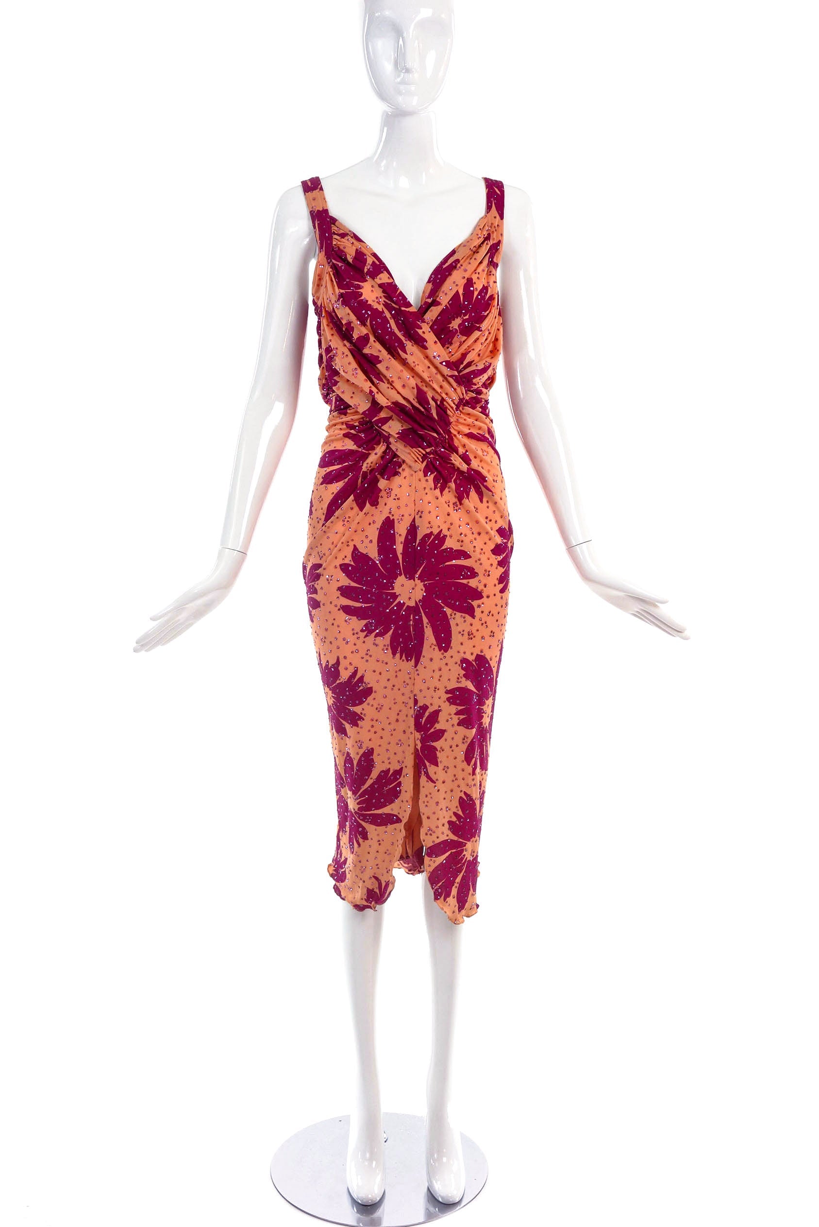 Hidy Misawa Coral & Maroon Viscose Dress with Floral Glitter Print Hidy Misawa Coral & Maroon Viscose Dress with Floral Glitter Print