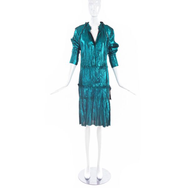 Lanvin Green Blue Turquoise Metallic Drop Waist Dress Spring 2014 Runway