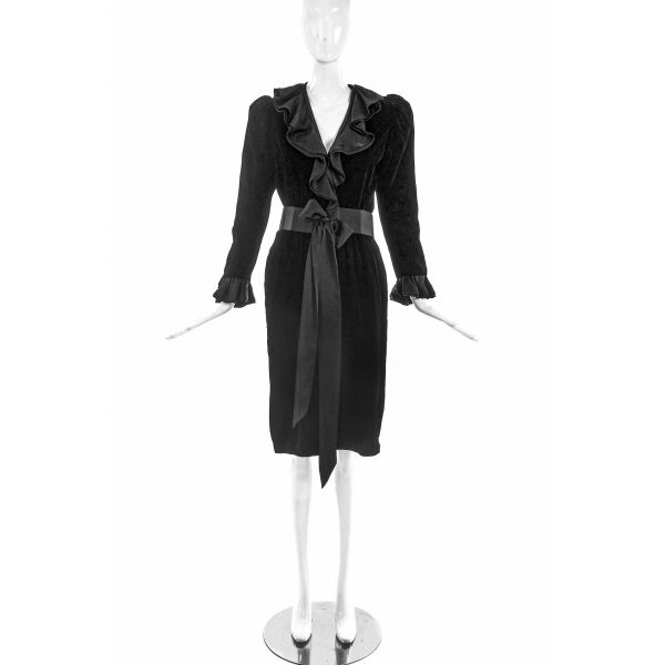 Saint Laurent Black Velvet "Catherine Deneuve" Dress with Silk Ruffle Neck