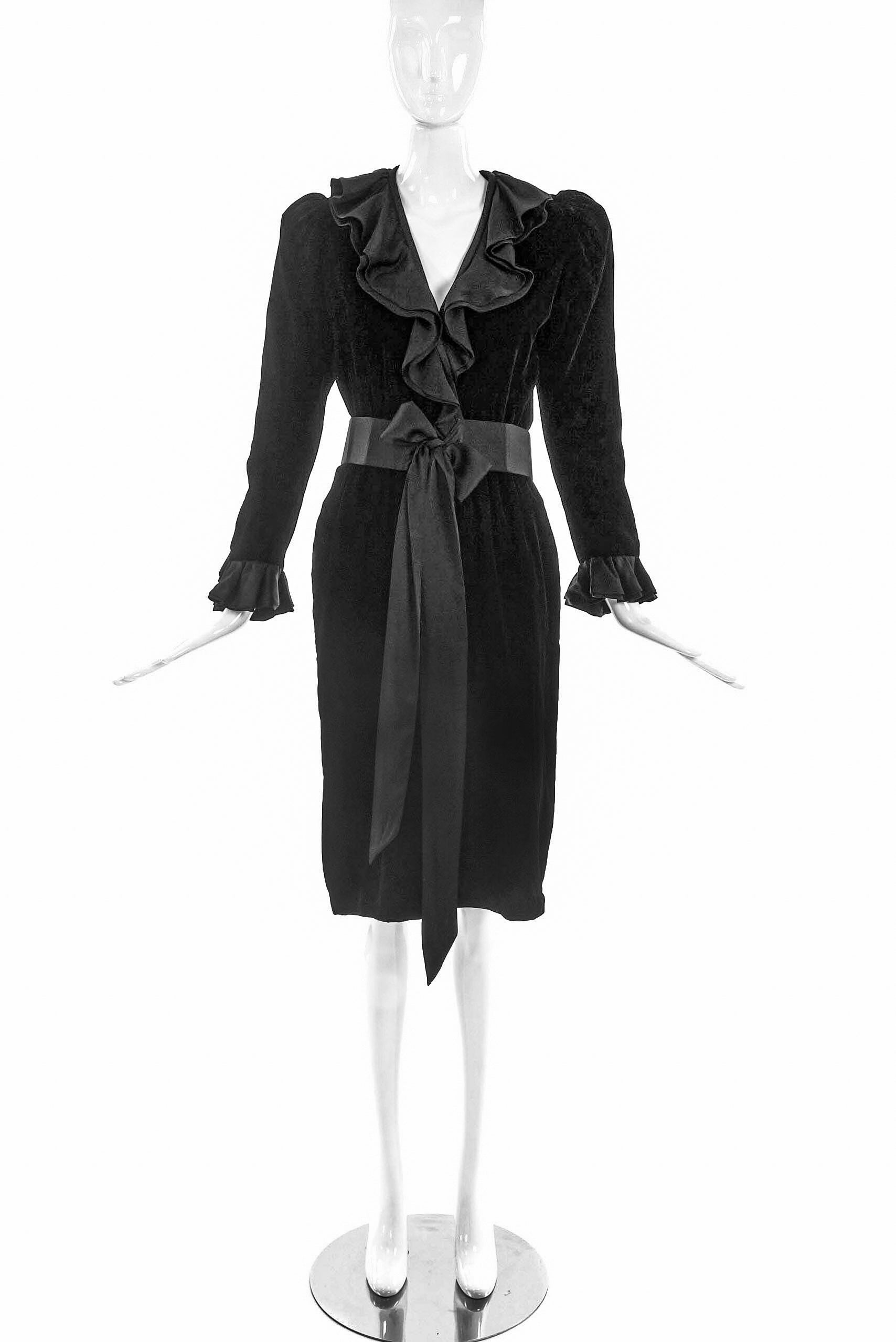 Saint Laurent Black Velvet “Catherine Deneuve” Dress with Silk Ruffle Neck Saint Laurent Black Velvet “Catherine Deneuve” Dress with Silk Ruffle Neck