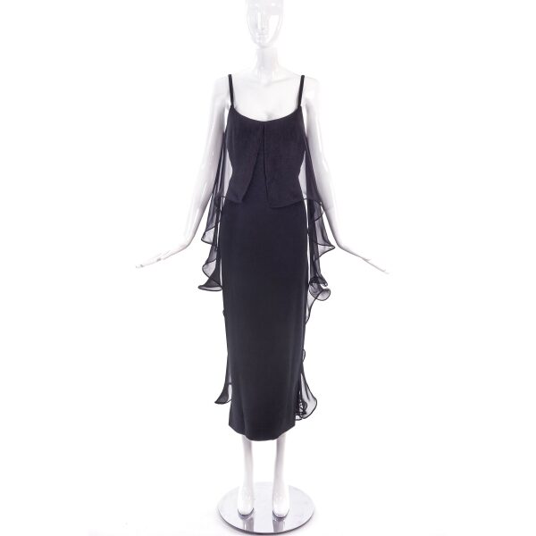 Claude Montana Black Column Gown Dress with Chiffon Cape