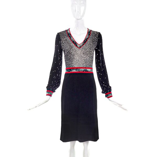 Leonard Black Dress with White Dot Print and Red Piping