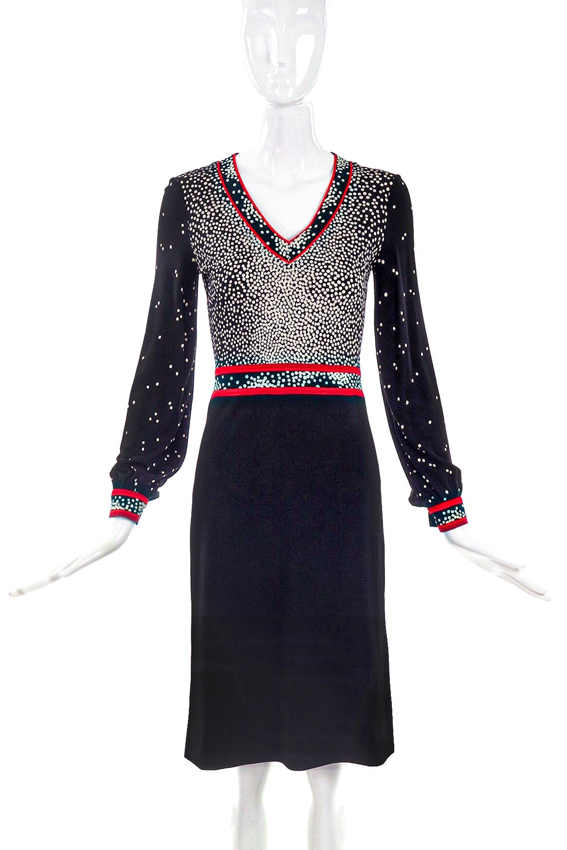 Leonard Black Dress with White Dot Print and Red Piping Leonard Black Dress with White Dot Print and Red Piping