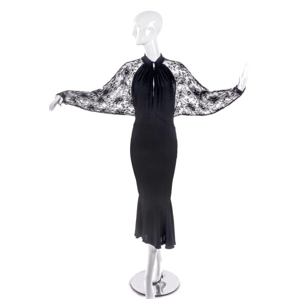 Ted Lapidus Black Crepe Satin and Chantilly Lace Paris Couture Dress