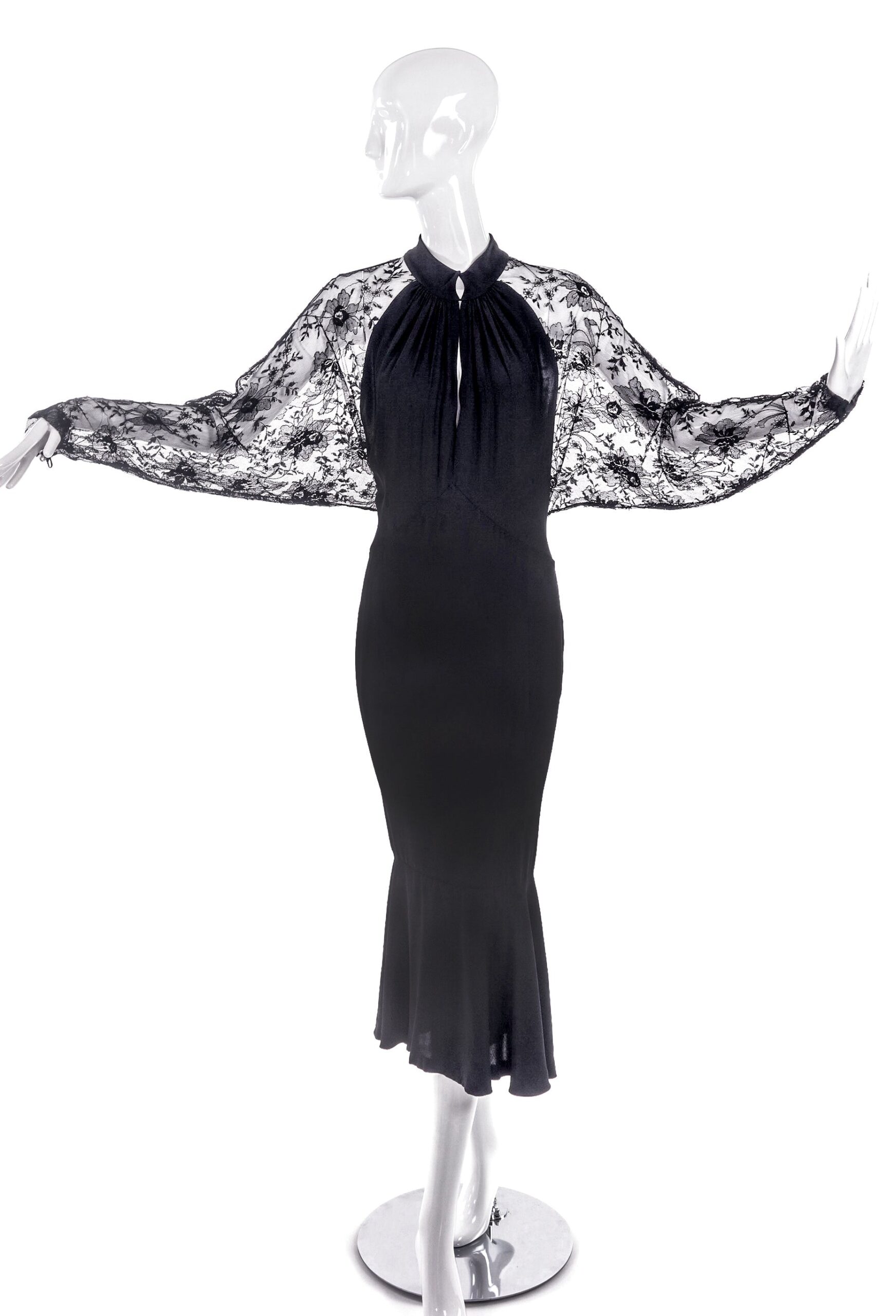 Ted Lapidus Black Crepe Satin and Chantilly Lace Paris Couture Dress Ted Lapidus Black Crepe Satin and Chantilly Lace Paris Couture Dress