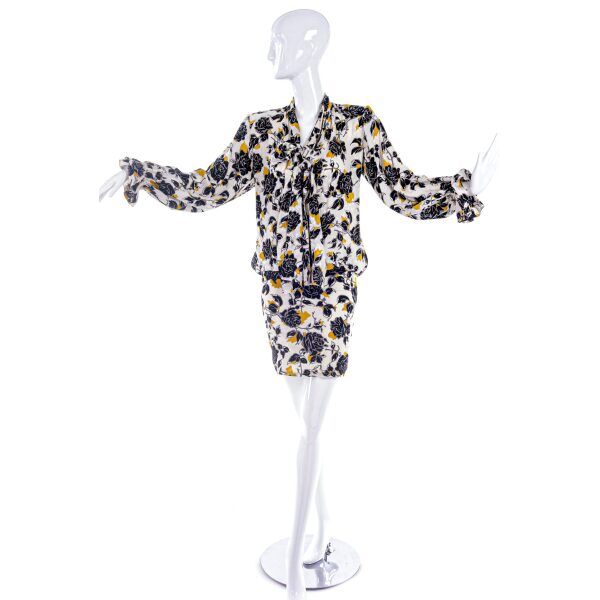 Saint Laurent Black & White & Yellow Rose Flower Print Dress