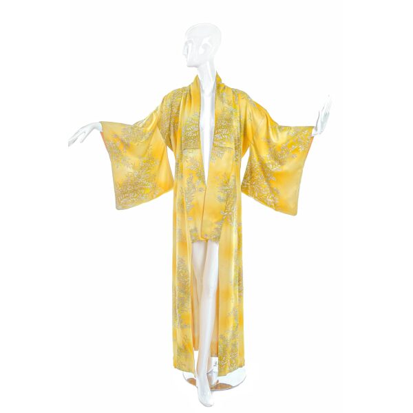 Vintage Yellow Golden Silk Kimono With Flower Print