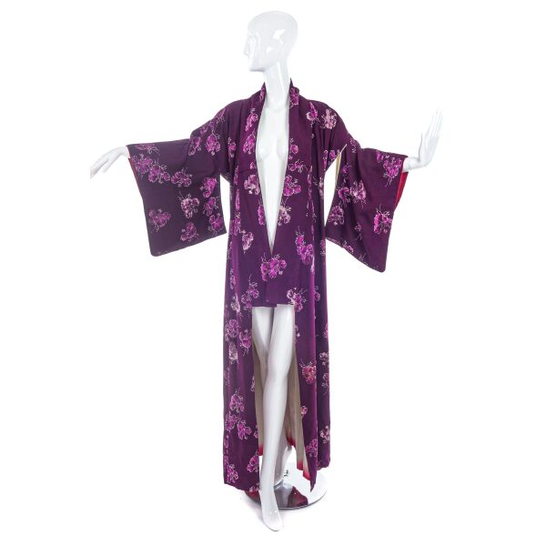Vintage Purple Silk Crepe Kimono With Flower Print