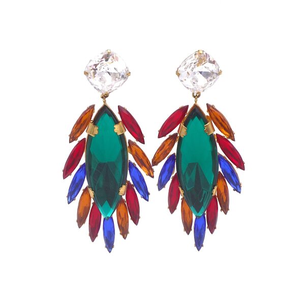 Yves Saint Laurent “Parrot” Green Red Orange Gripoix Earrings and Matching Broach