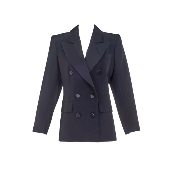 Saint Laurent Rive Gauche Black "Le Smoking" Tuxedo Suit with Couture Shoulder and Oversized Satin Lapel