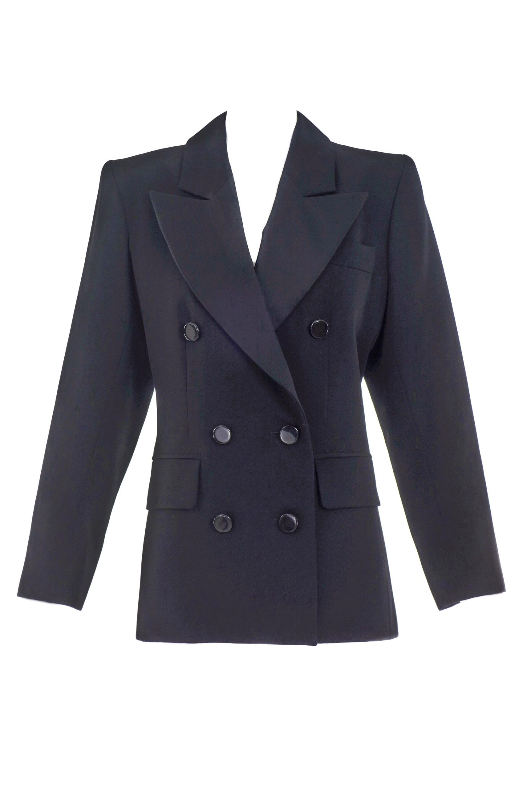 Saint Laurent Rive Gauche Black “Le Smoking” Tuxedo Suit with Couture Shoulder and Oversized Satin Lapel Saint Laurent Rive Gauche Black “Le Smoking” Tuxedo Suit with Couture Shoulder and Oversized Satin Lapel
