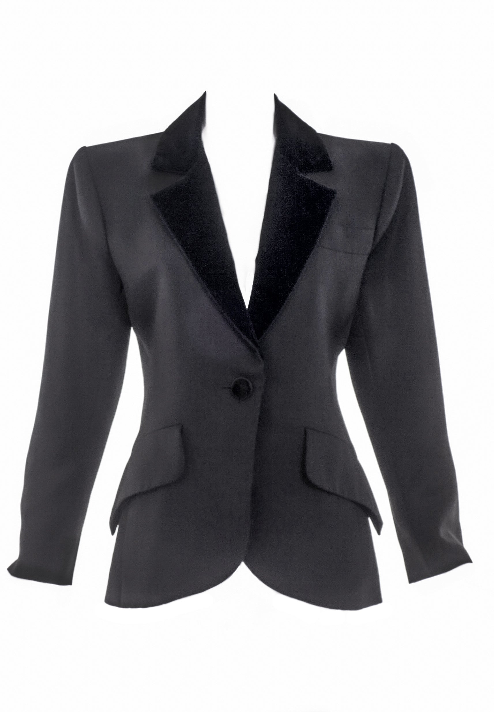 Saint Laurent Rive Gauche Black/Grey Garbadine Smoking Riding Blazer with Velvet Collar Saint Laurent Rive Gauche Black/Grey Garbadine Smoking Riding Blazer with Velvet Collar