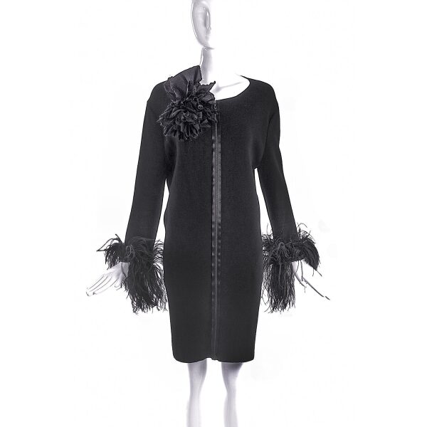 Lanvin Black Wool Dress with Feather Sleeve Cuffs and a Fabric Flower Broach