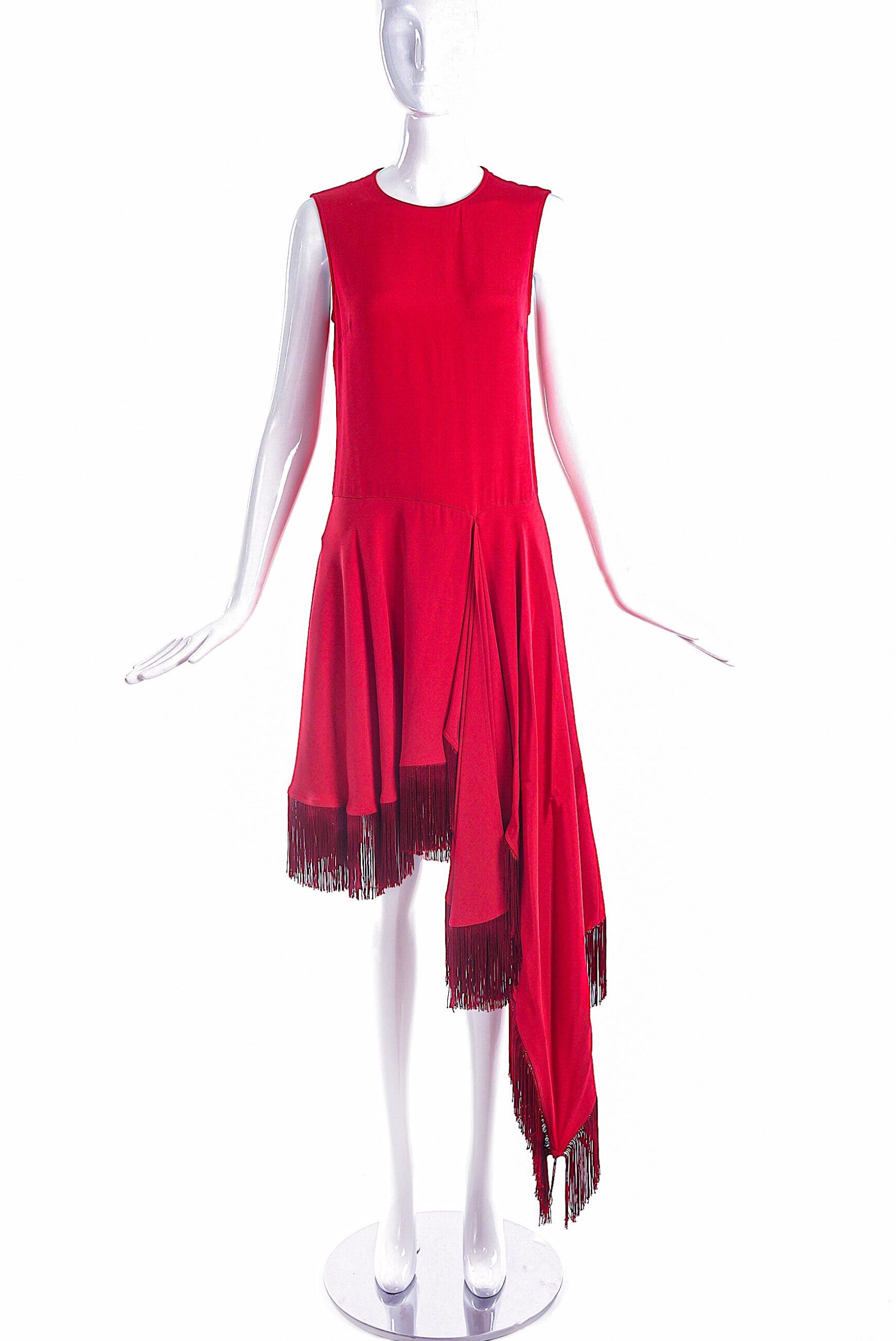 Calvin Klein 205W39NYC by Raf Simons Red Asymmetrical Dress with Fringe Detail Calvin Klein 205W39NYC by Raf Simons Red Asymmetrical Dress with Fringe Detail