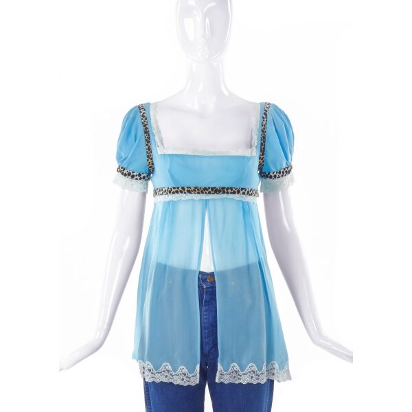 D&G by Dolce & Gabbana Blue Chiffon Baby Doll Top with Leopard Print Details FW2005